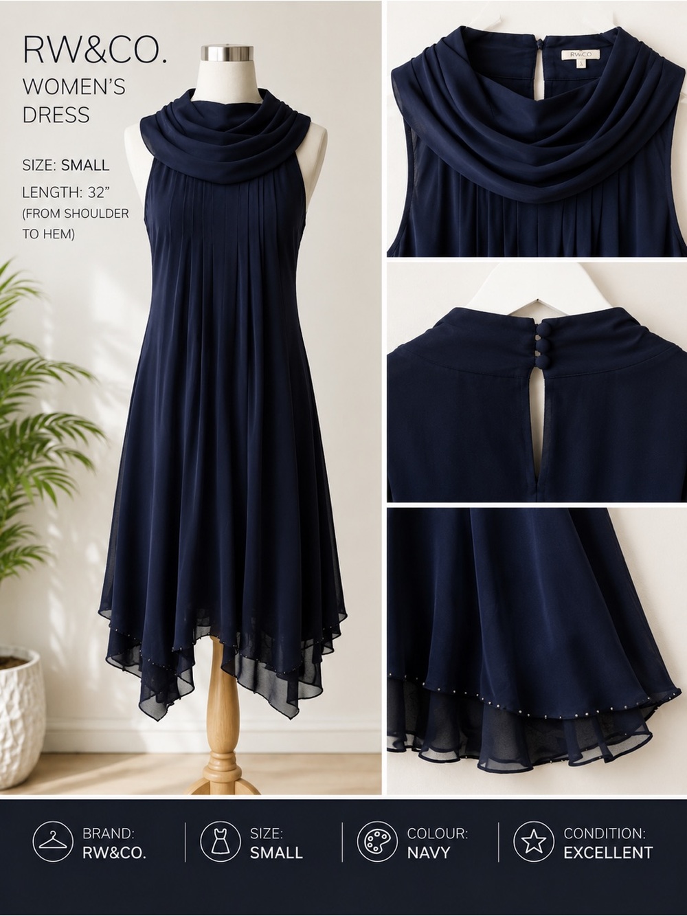RW&CO. Deep Blue Women's Drape Dress Sz Small